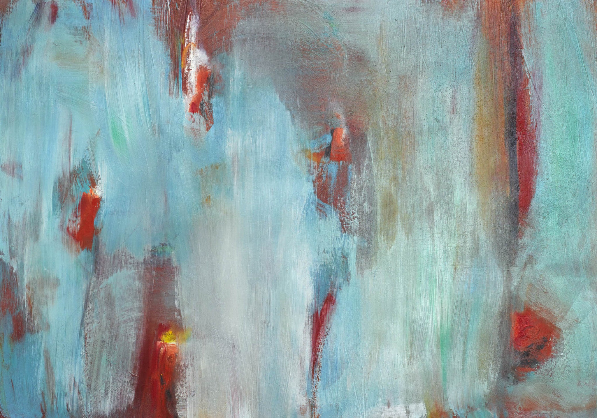 Moody abstract painting with layered aqua, smoky greys, and vivid red-orange, featuring blurred edges and painterly textures with quiet tension.