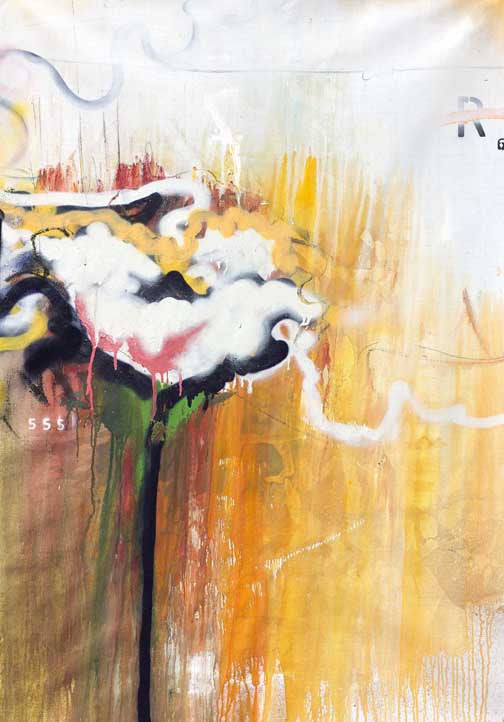 Abstract bloom with dripping whites and oranges rising from a dark stem, featuring textured layers and smoke-like lines.