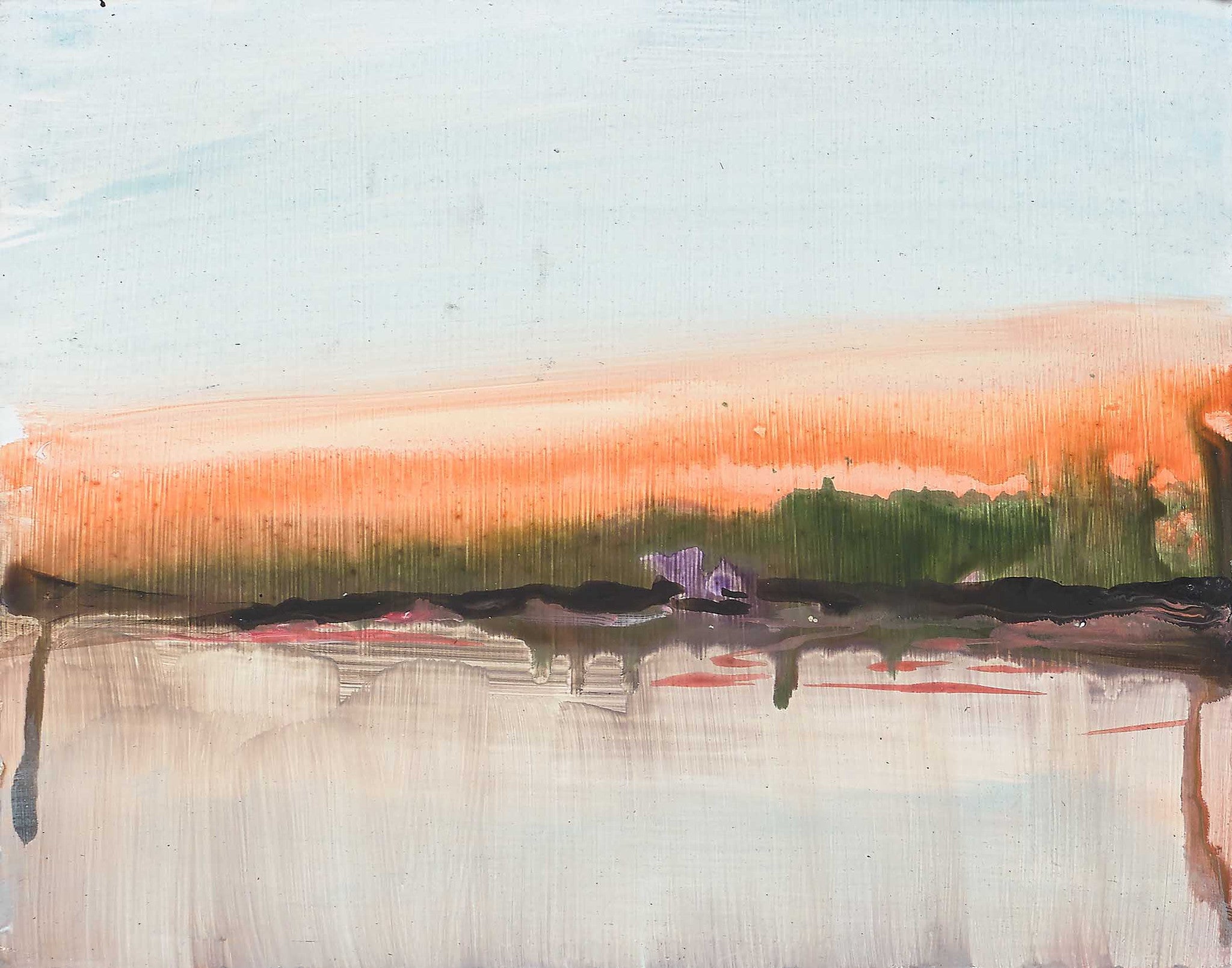 Serene abstract landscape with soft peach skies, a green horizon, and delicate reflections creating a dreamy, meditative mood.