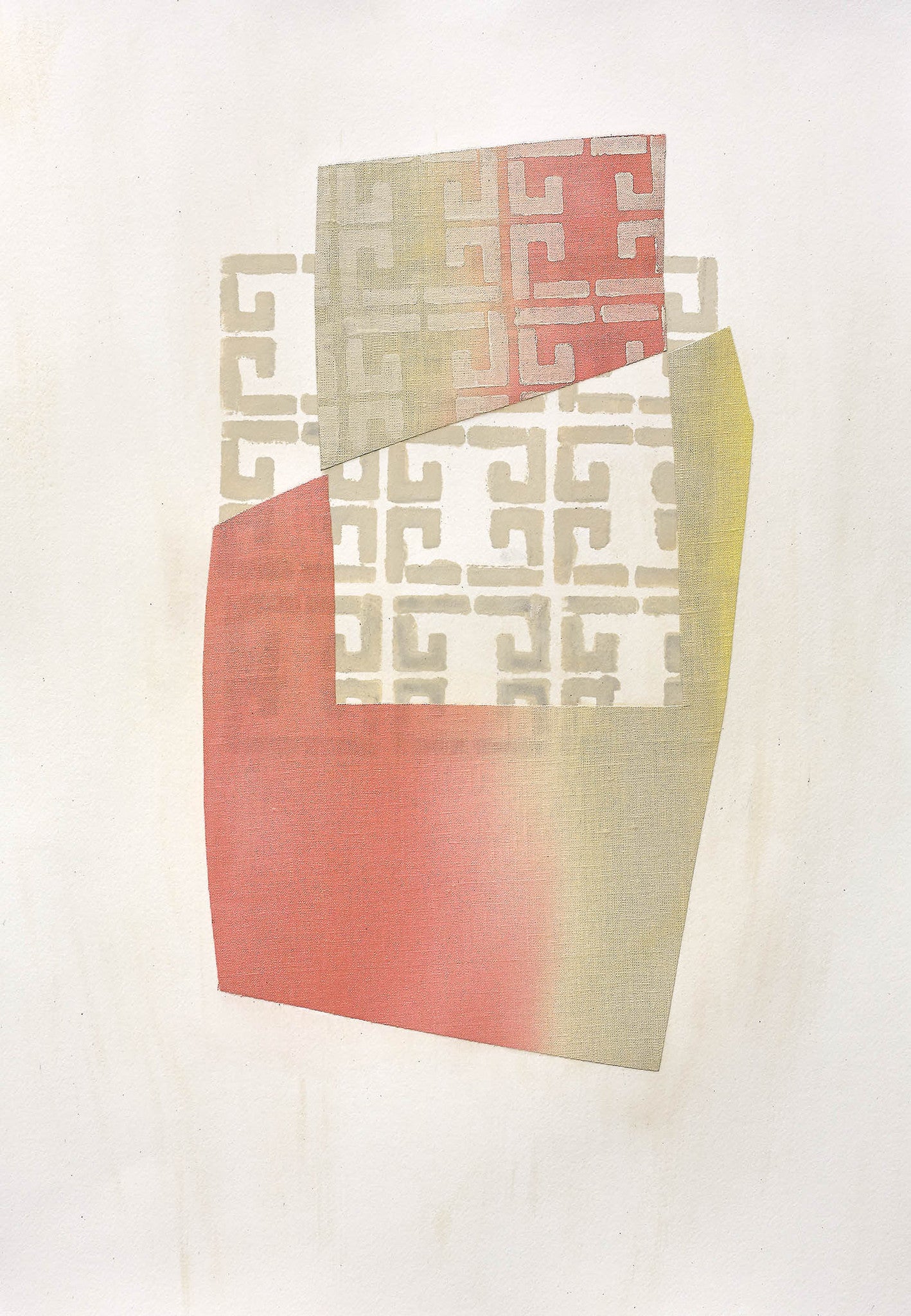 Soft geometric abstract art with layered coral, beige, and gold forms featuring subtle patterns and gentle gradients.