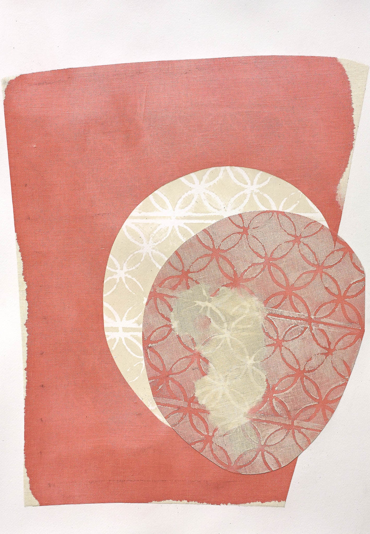 Textile inspired abstract art with overlapping coral, cream, and blush shapes featuring circular motifs and subtle fabric-like textures.