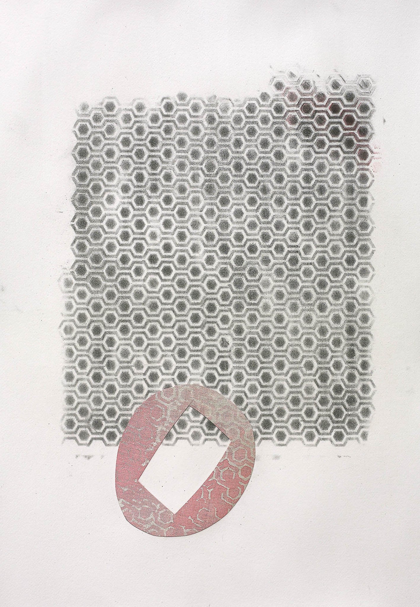 Modern geometric abstract art with a smoky hexagonal grid and a pink oval featuring subtle floral patterns.