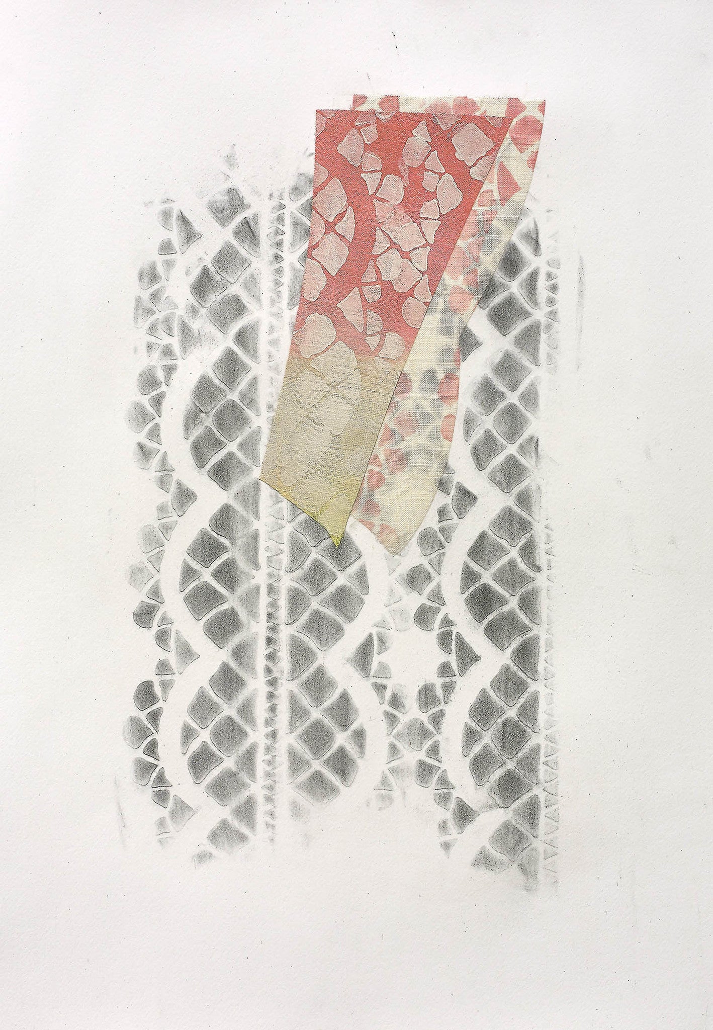 Textile abstract art with a coral-to-gold gradient layered over a black-and-white lace-patterned background.