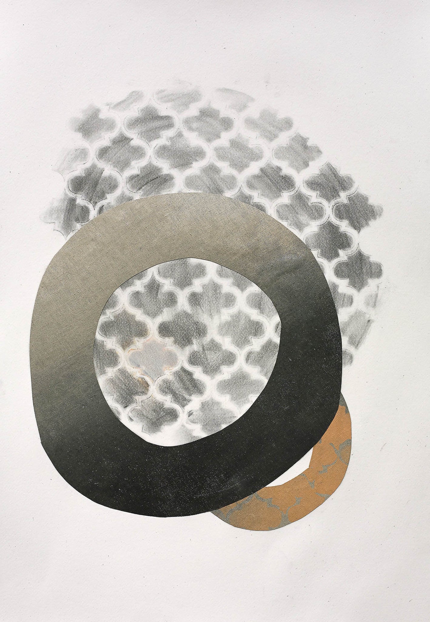 Modern abstract art with layered circular shapes in black, taupe, and terracotta over a soft grey quatrefoil patterned background.