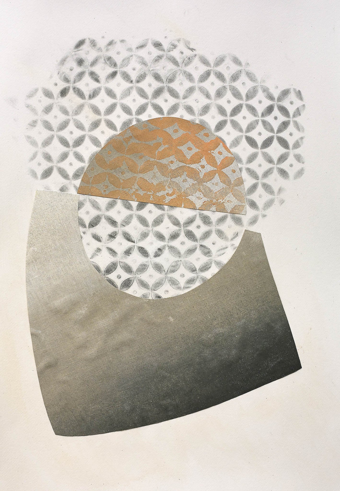 Minimalist abstract art with layered semicircles, black-and-white floral stenciling, and a warm gold overlay creating a balanced, textured composition.