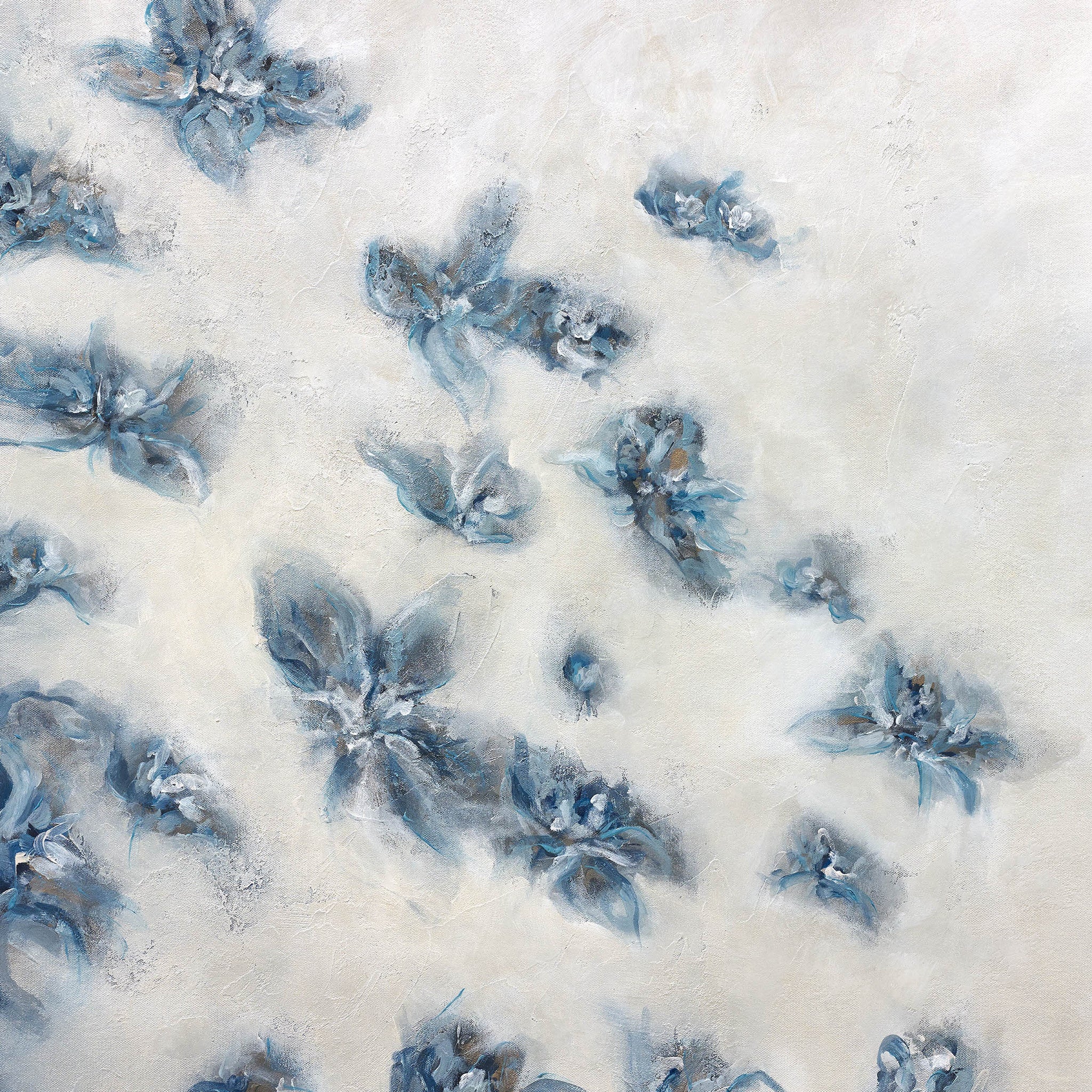 Abstract floral painting in soft blue, grey, and white with airy blossoms
