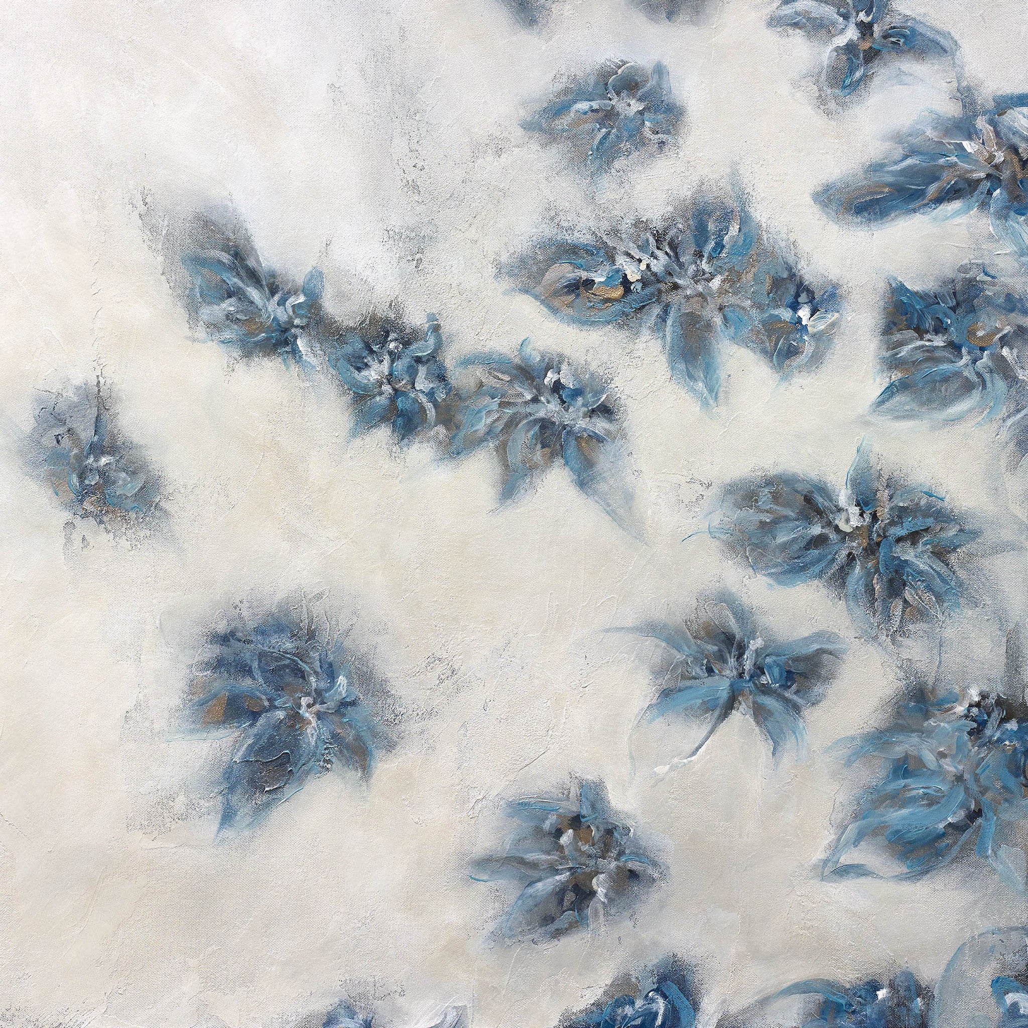 Abstract floral artwork in soft blue and grey on a textured white background