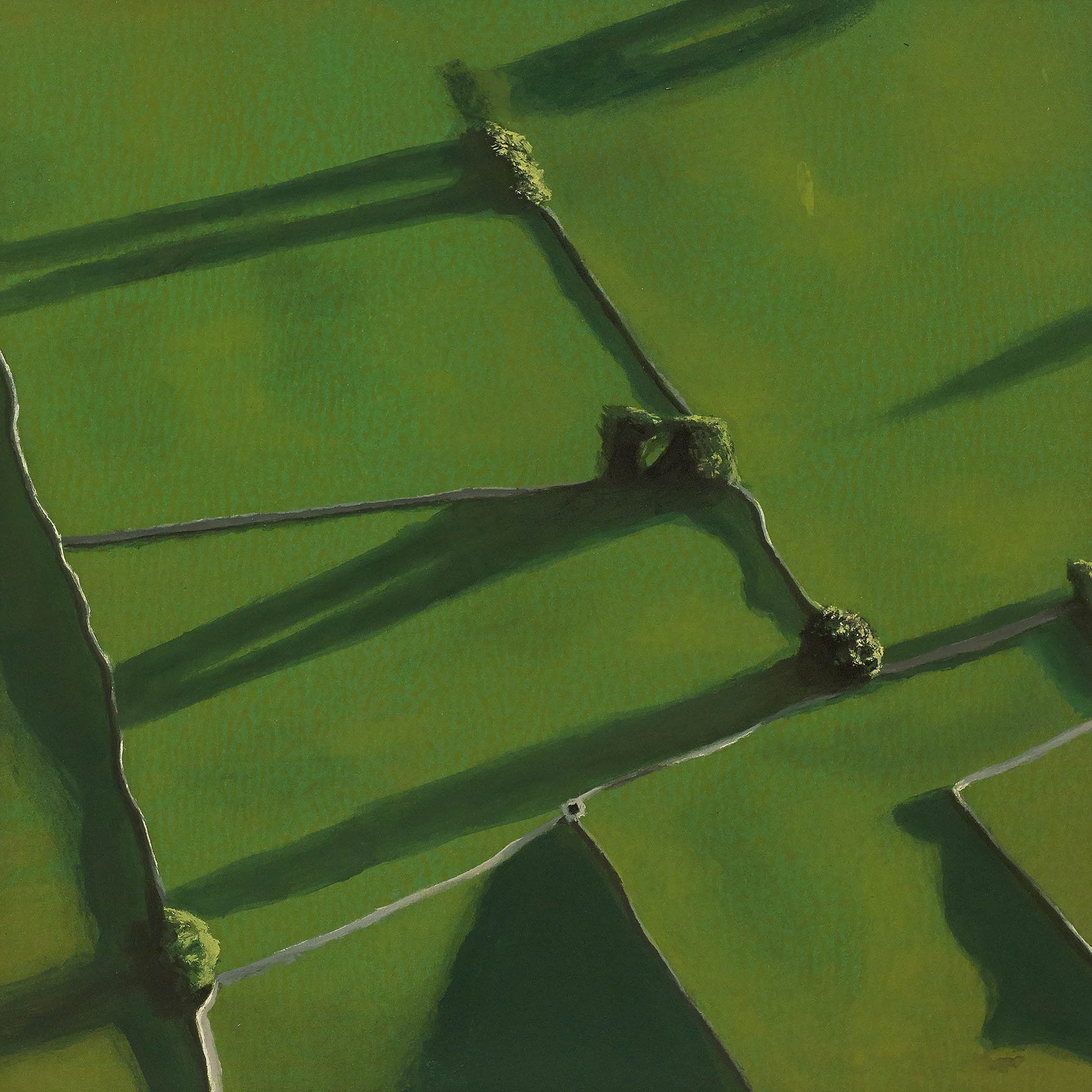 Aerial abstract landscape painting with lush green fields, stone walls, and dramatic shadows