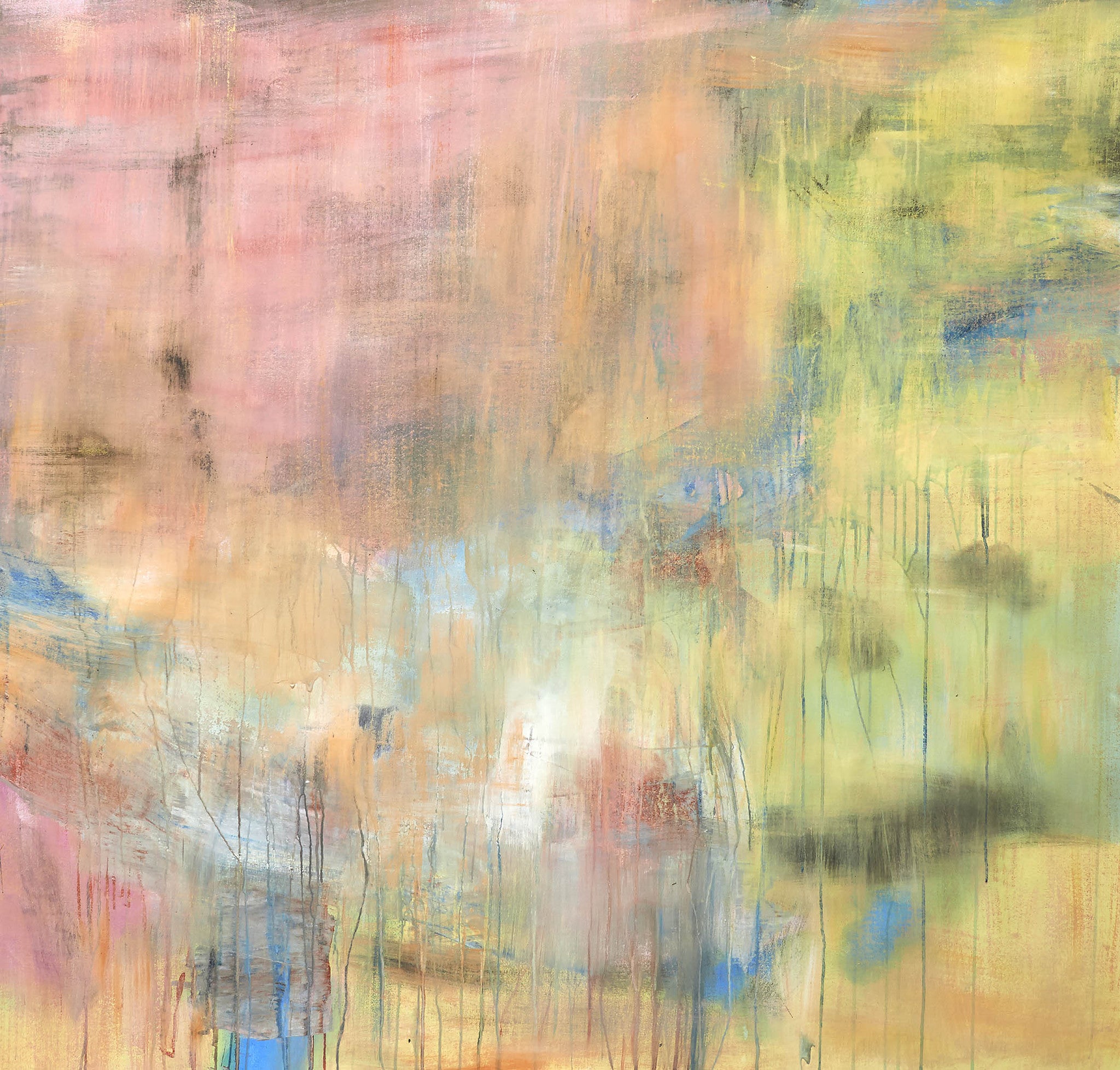 Dreamy abstract painting with soft blends of pink, peach, green, blue, and gold, featuring gentle drips and blurred transitions for a tranquil effect.