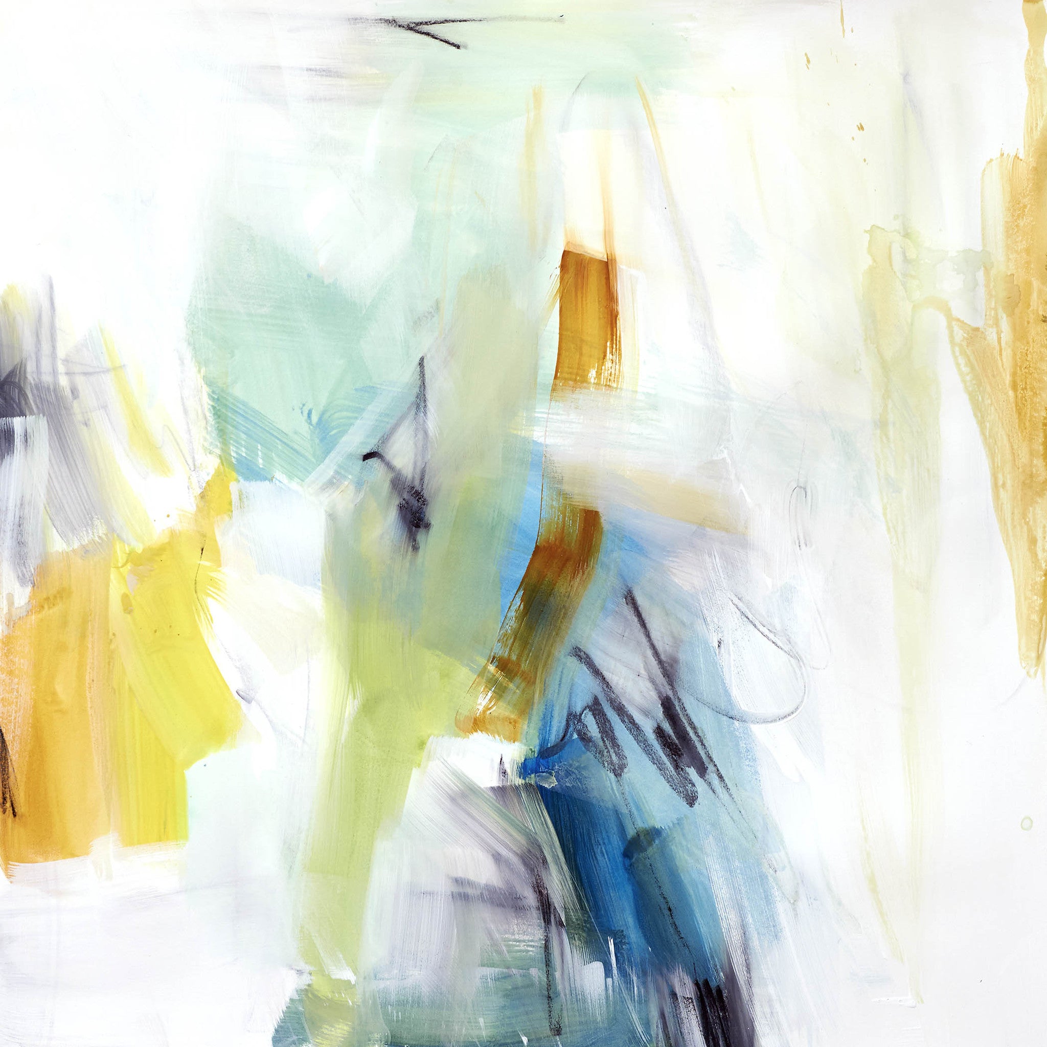 Vibrant abstract painting with expressive brushstrokes in turquoise, gold, orange, and white, layered with dynamic textures and energetic lines.