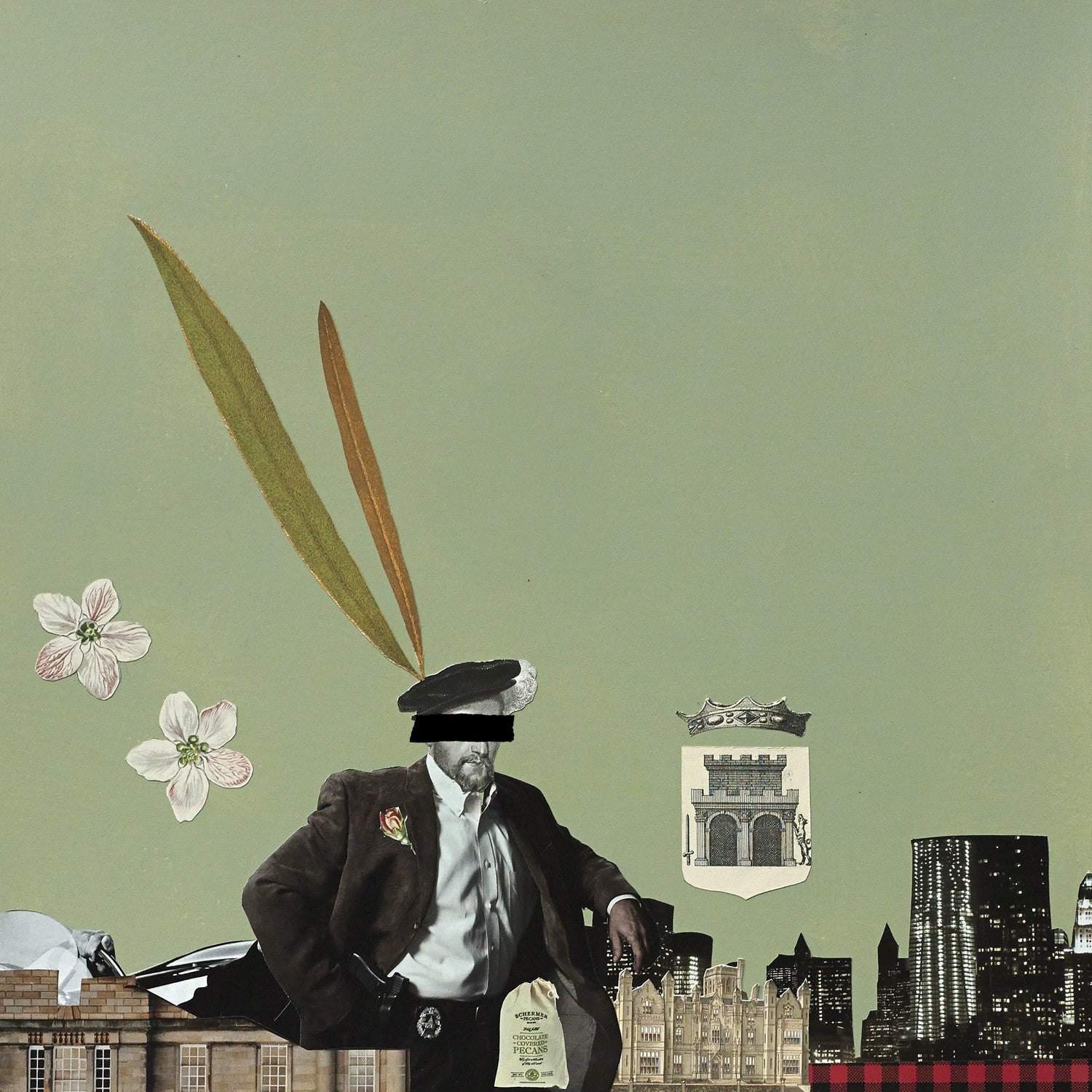 Surreal collage art with an anonymous detective figure, censored eyes, green tones, botanical details, architectural motifs, and a stylized cityscape.