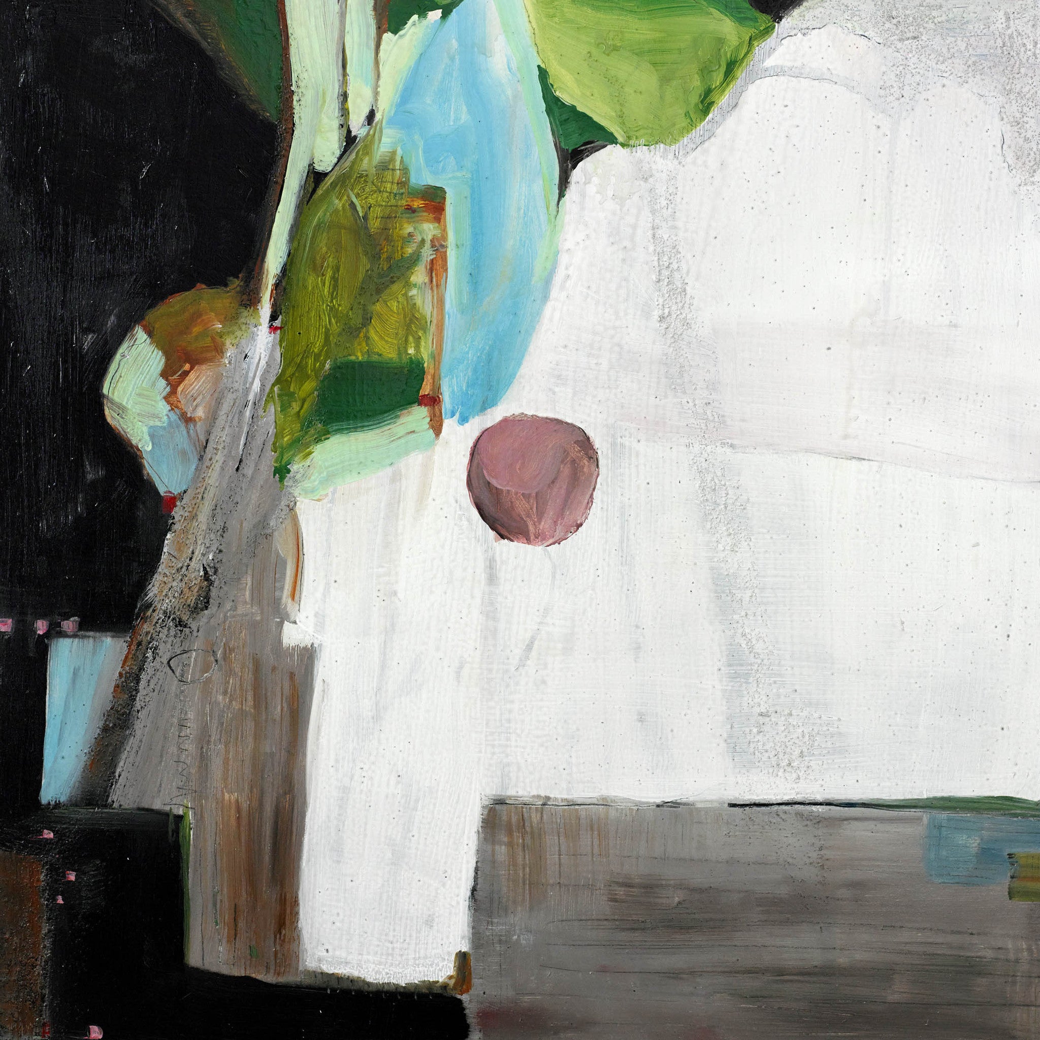 Geometric abstract painting with bold blocks, organic leafy forms, and a hovering sphere in balanced composition.