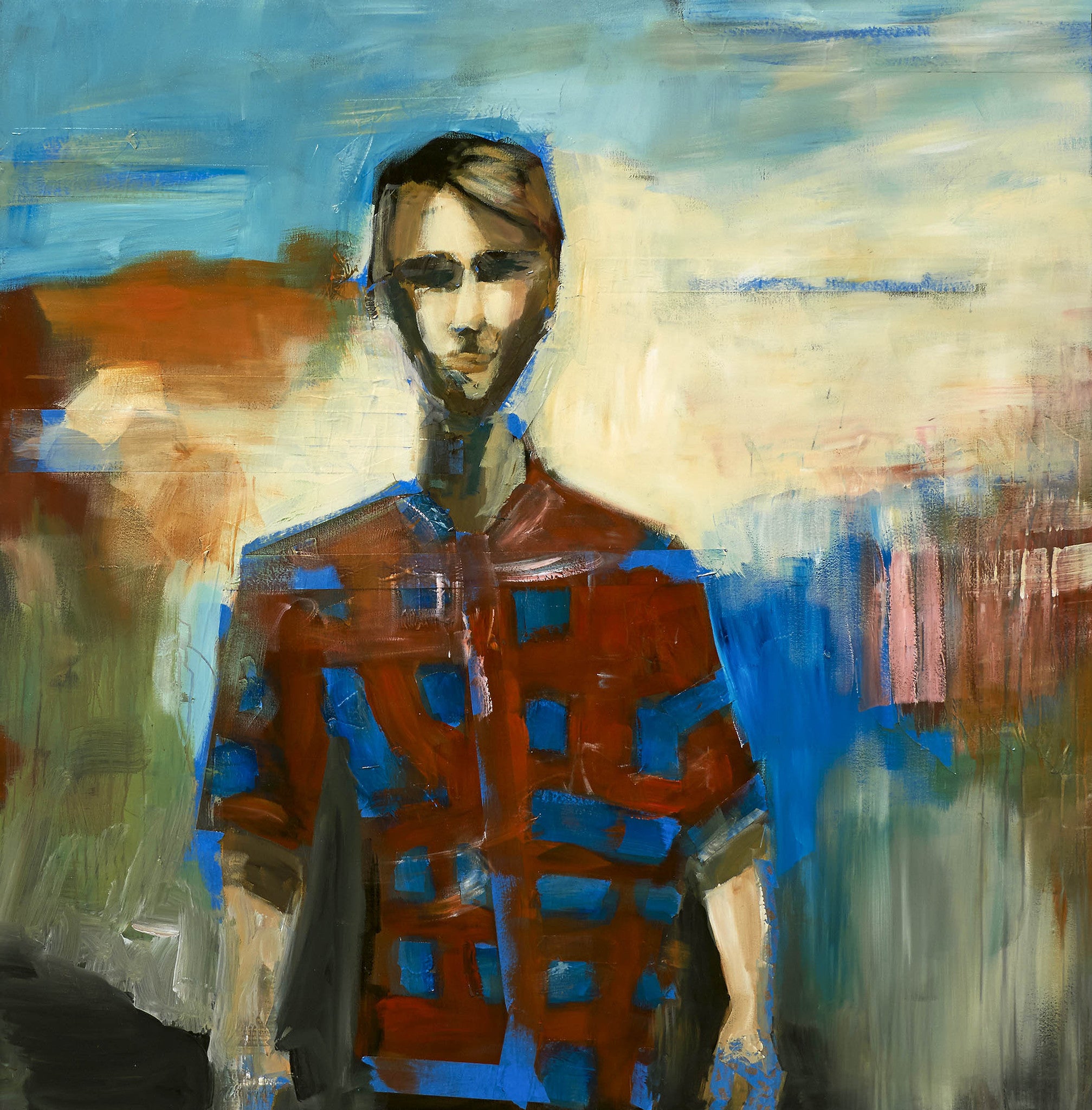 Expressive figurative painting of a male figure in red, blue, and earthy tones with loose brushstrokes.