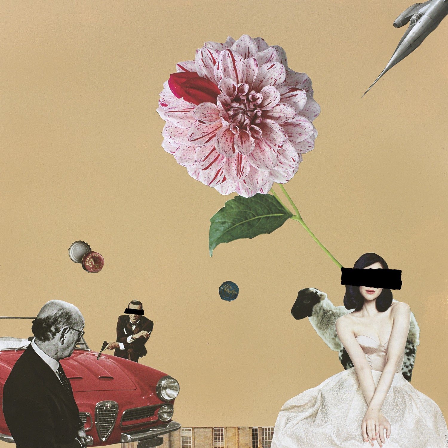 Surreal collage art featuring an oversized flower, vintage car, whimsical animals, and censored figures on a beige background.