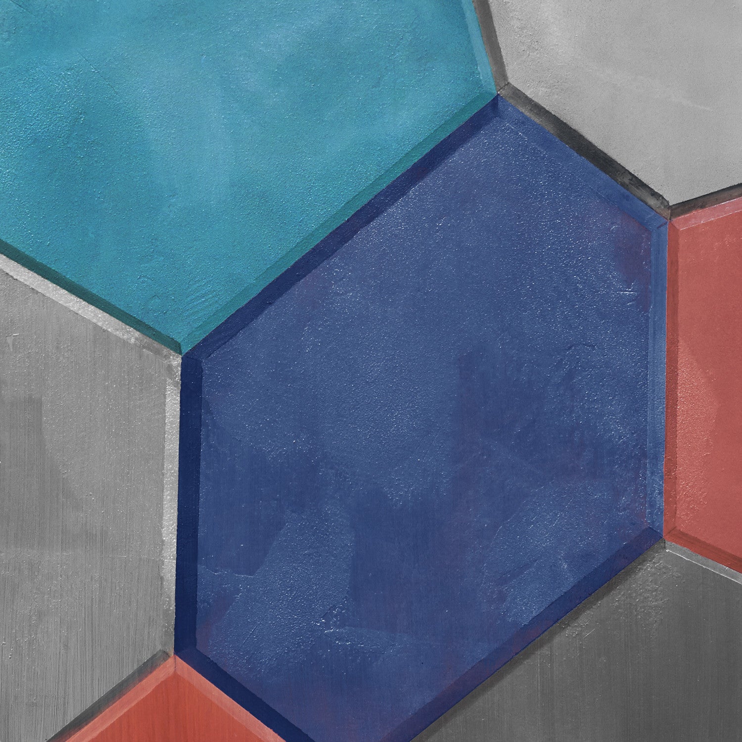 Contemporary geometric piece in blues and red. This piece is a part of a series of four, Polyhedron I, II, III, and IV.