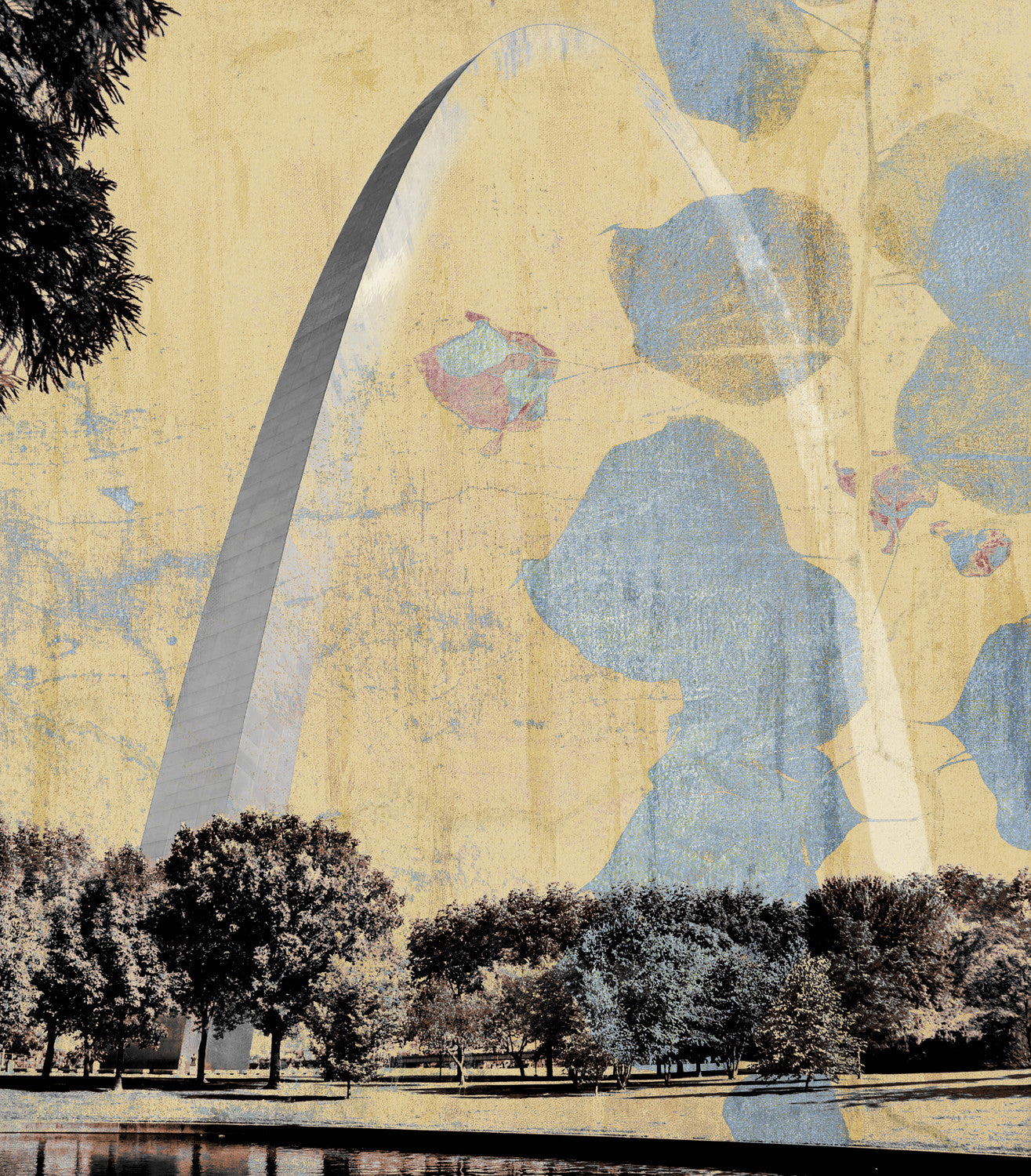 Mixed-media artwork of the Gateway Arch with trees and abstract botanical overlays in muted blue and gold tones