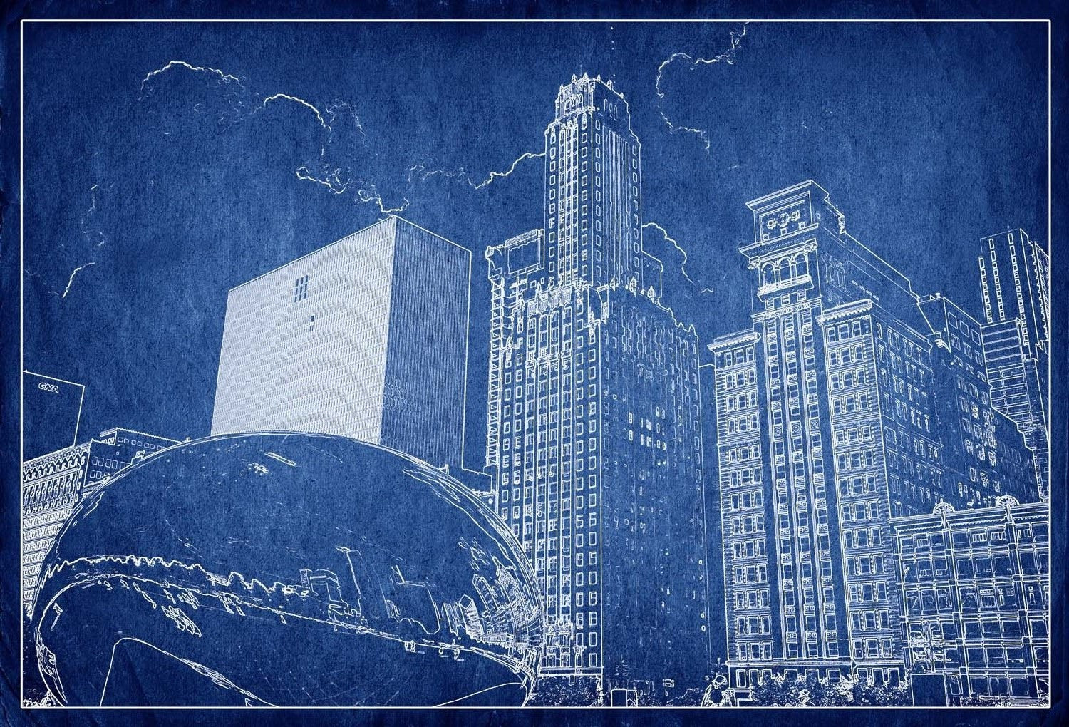 Chicago Millennium Park blueprint art featuring The Bean in white lines on a deep blue background with the city skyline