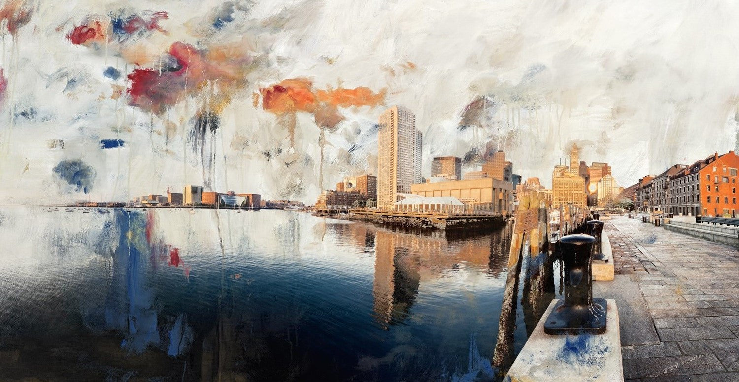 Expressive mixed-media artwork merging Boston Harbor’s waterfront and skyline with bold, colorful abstract brushstrokes