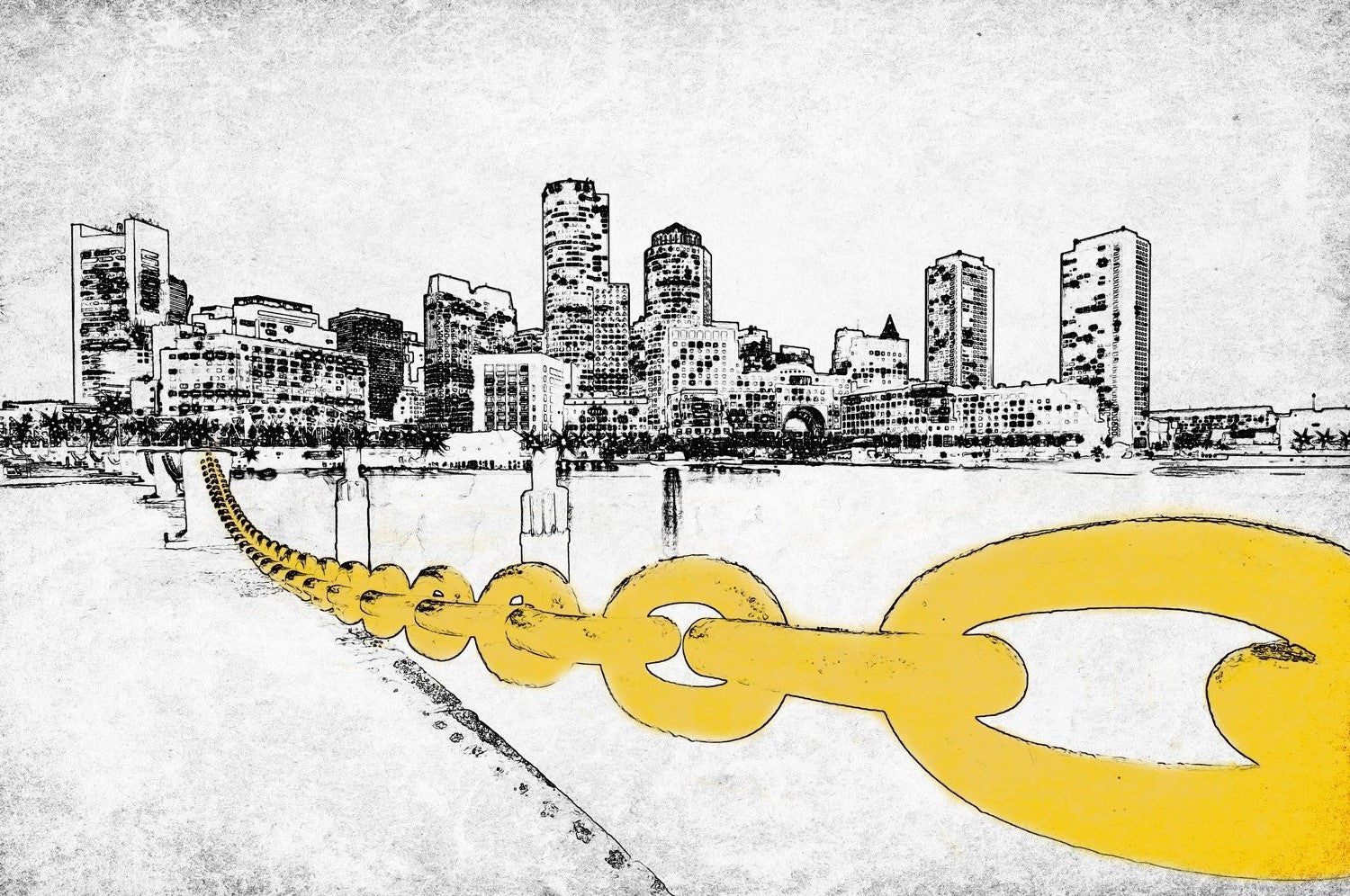 Creative illustration of Boston Harbor showing a detailed sketch of the city skyline with a striking yellow chain leading into the scene