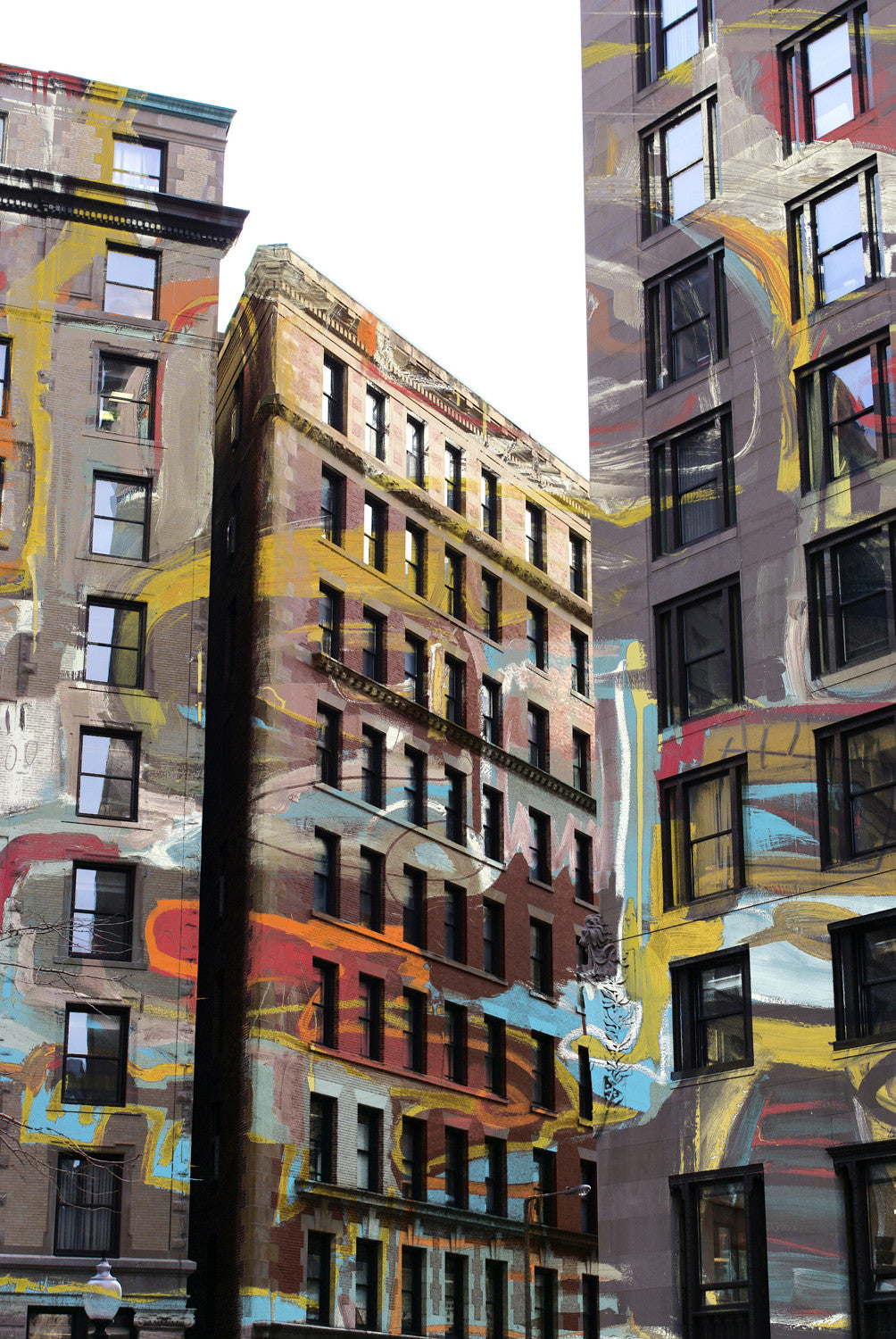 Artistic photograph of Boston skyscrapers with colorful abstract brushstrokes blending urban architecture and expressive street-art aesthetics