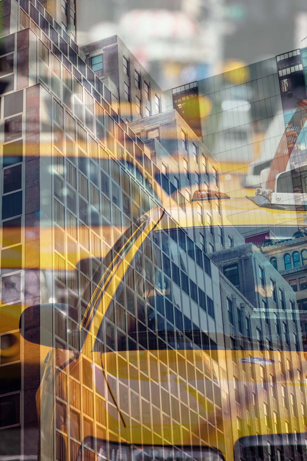 Urban collage of New York City skyscrapers and yellow taxi cabs, layered photographic abstraction that captures the city’s vibrant energy
