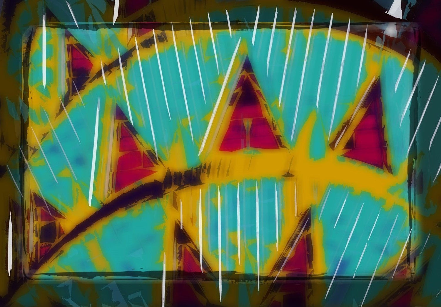 Colorful abstract artwork featuring bold turquoise, golden hues, and dynamic red accents with geometric patterns evoking modern energy and style