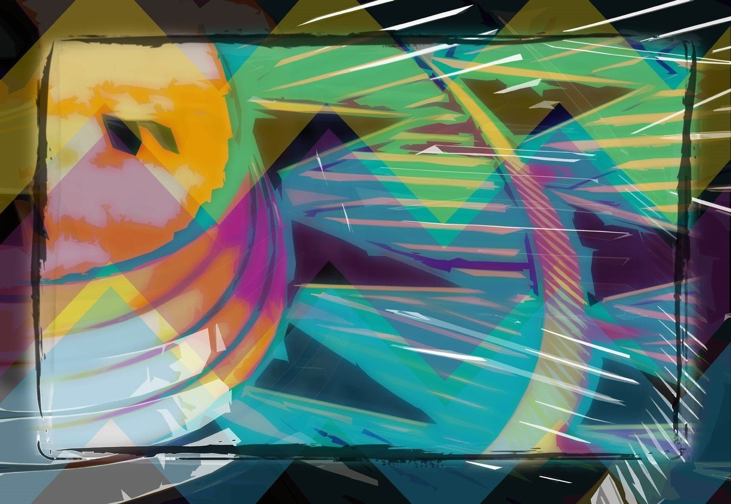 Vibrant abstract art with overlapping geometric shapes in vivid blues, oranges, and greens, layered with dynamic lines that create energetic movement