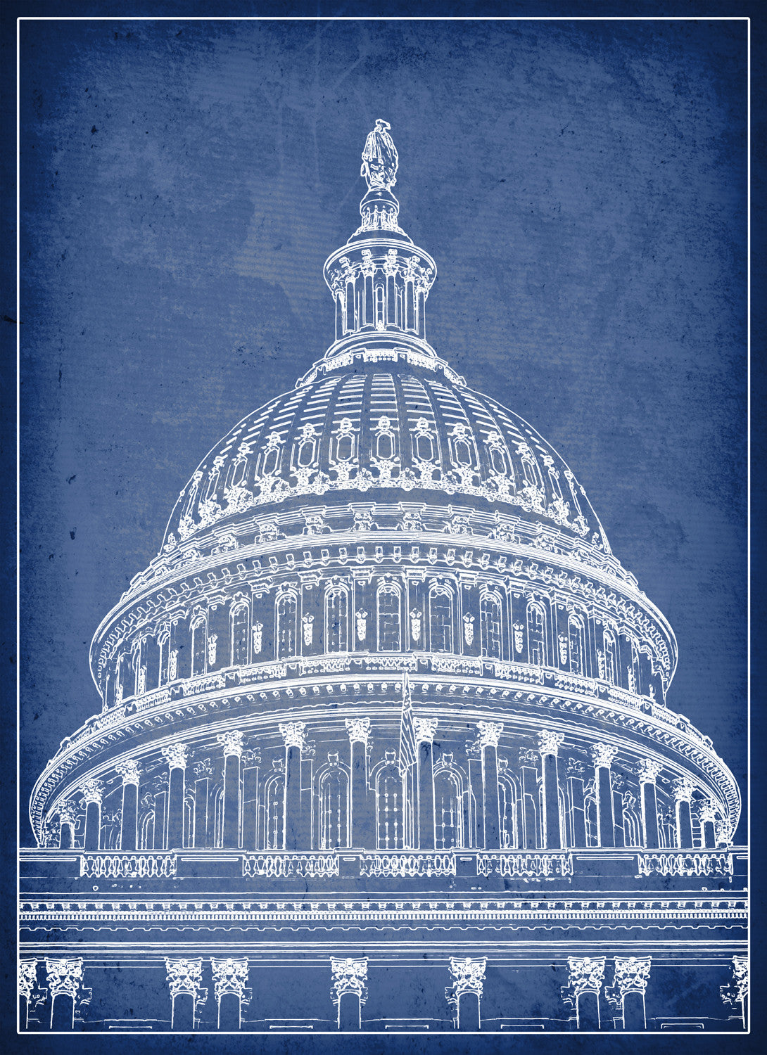 Blueprint-style illustration of the Capitol Building dome with detailed architectural lines on a deep blue background