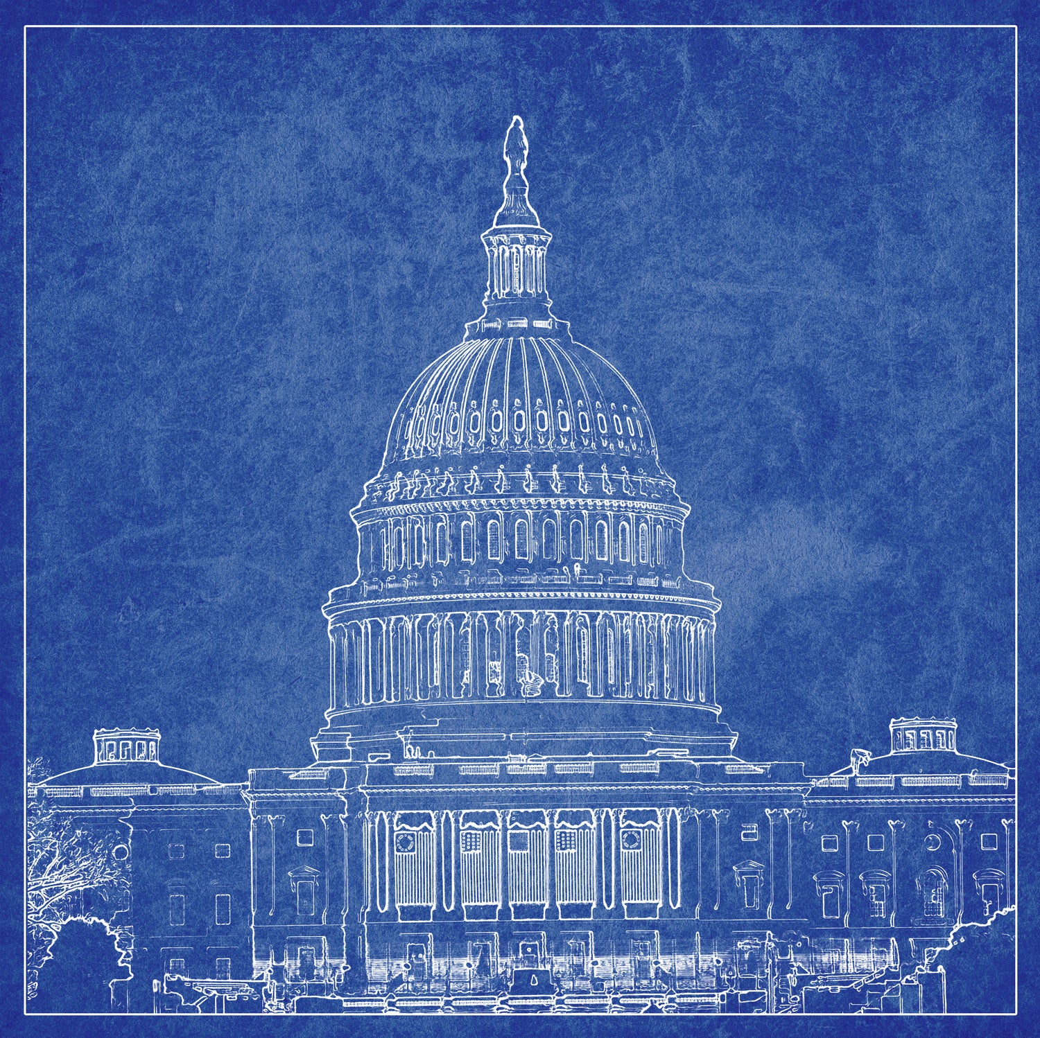 Vintage-style blueprint illustration of the U.S. Capitol Building with detailed architectural lines and its iconic dome on a textured blue backdrop