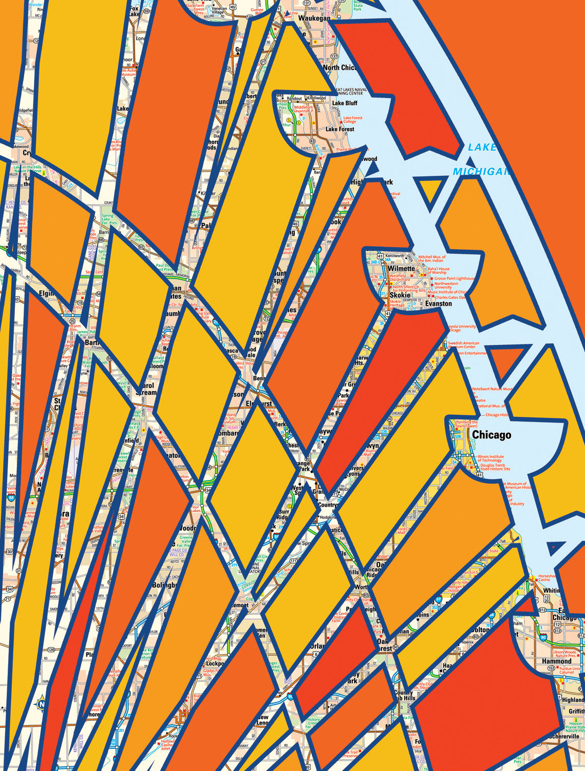 Vibrant abstract illustration of a colorful Ferris wheel merging with a detailed Chicago map and Lake Michigan, highlighting iconic neighborhoods.