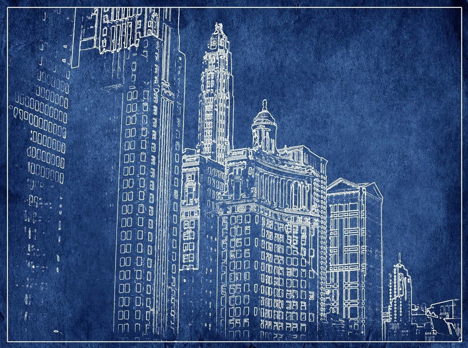 Stylized blueprint illustration of Chicago’s iconic skyline with detailed skyscrapers in crisp white lines against a deep blue background.