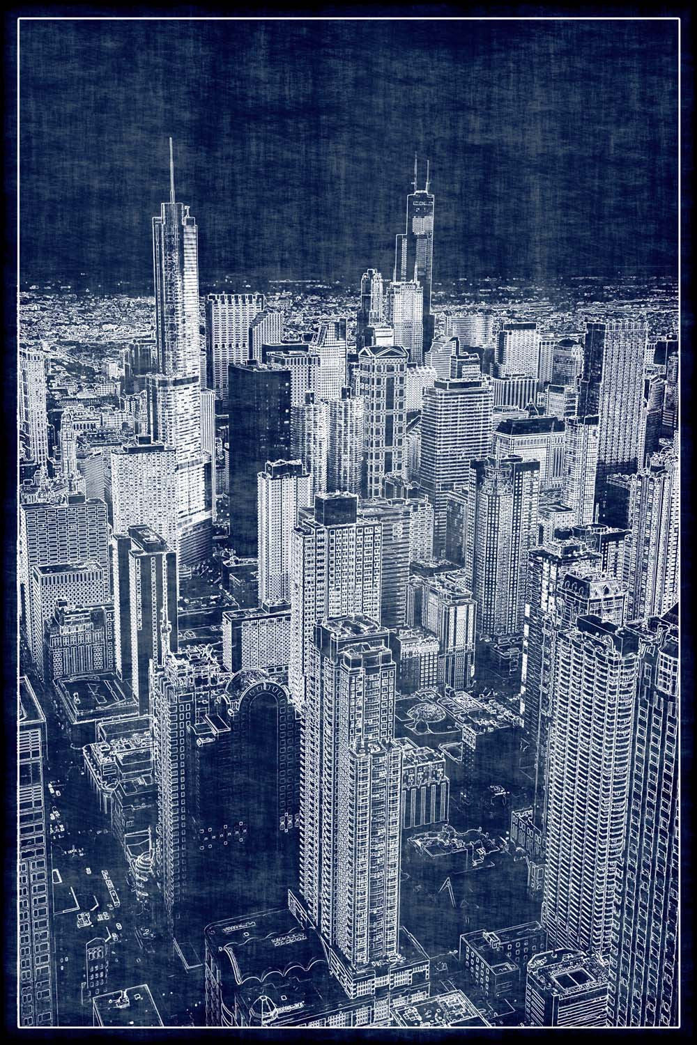 Detailed aerial blueprint illustration of Chicago’s skyline at night with skyscrapers outlined in white against a textured deep-blue background.