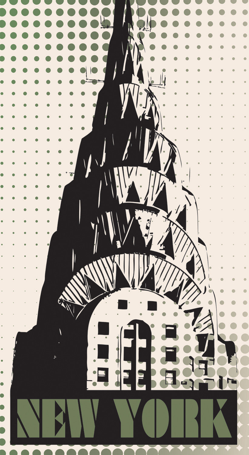 Retro-style illustration of the Chrysler Building in New York City with bold graphic lines and a green halftone background, blending vintage and modern design.