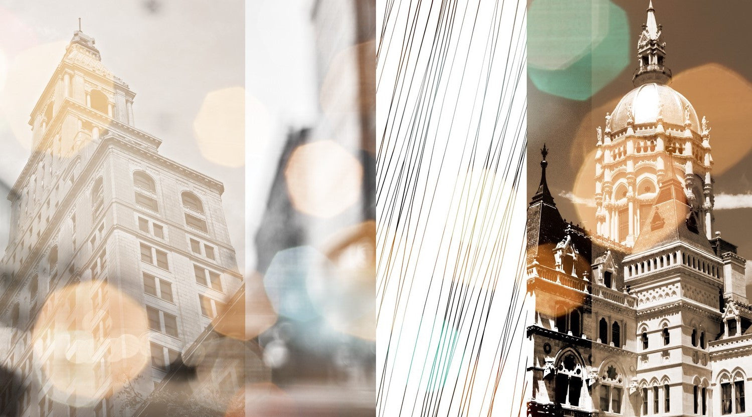Connecticut architectural collage blending historic building photography with abstract geometric patterns and luminous bokeh effects in neutral tones.