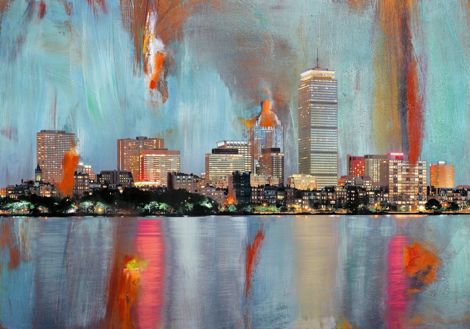 Boston waterfront skyline cityscape with expressive brushstrokes in blue, orange, and teal, blending skyscrapers and city lights into a vibrant composition.