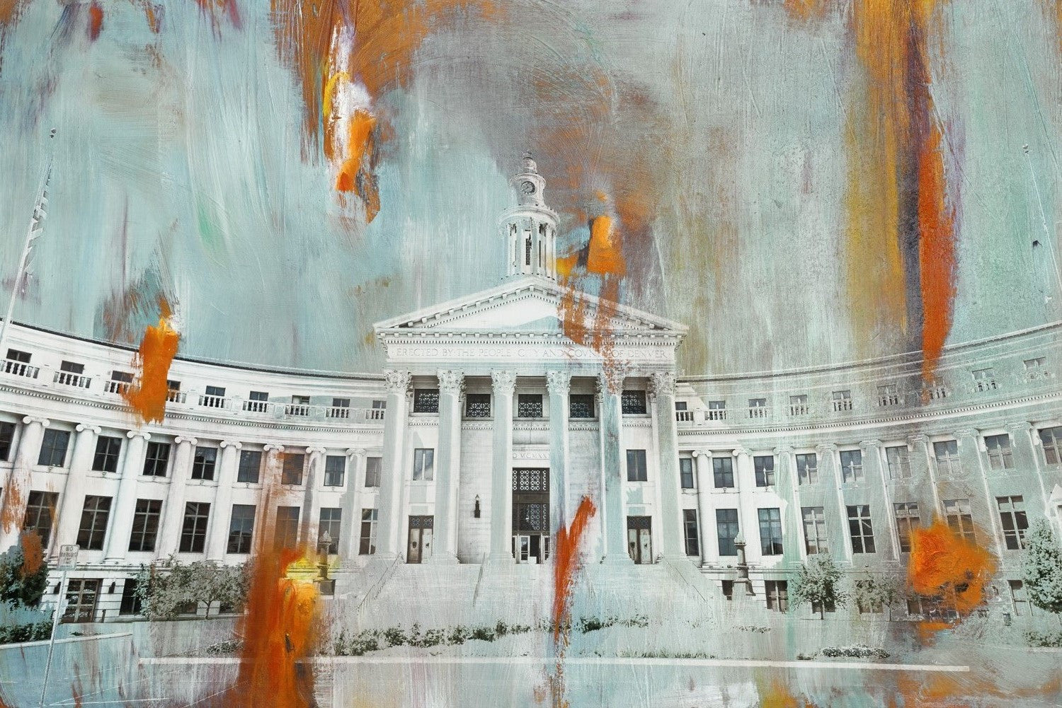 Denver State House mixed media artwork blending architectural photography with abstract teal, blue, and orange brushstrokes for a fresh perspective.