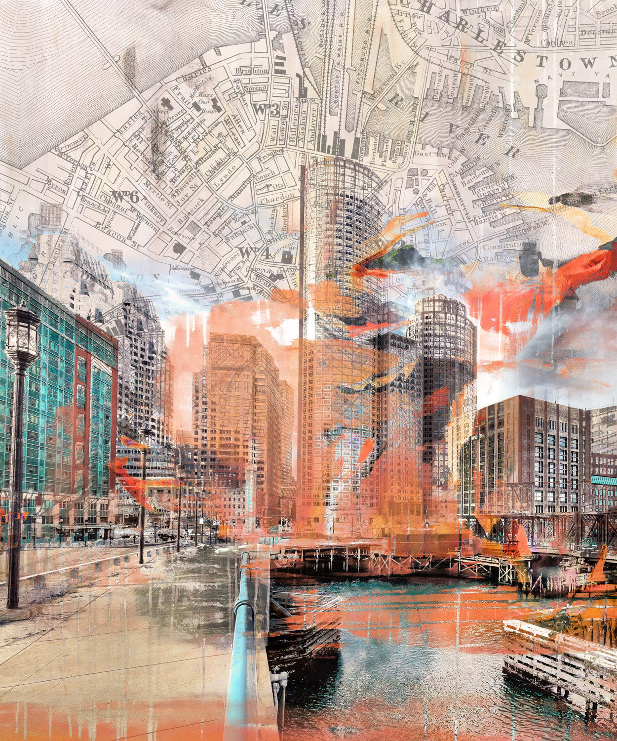 Boston map art combining a vintage map with a modern cityscape, layered with abstract textures and vibrant colors to capture history and energy.
