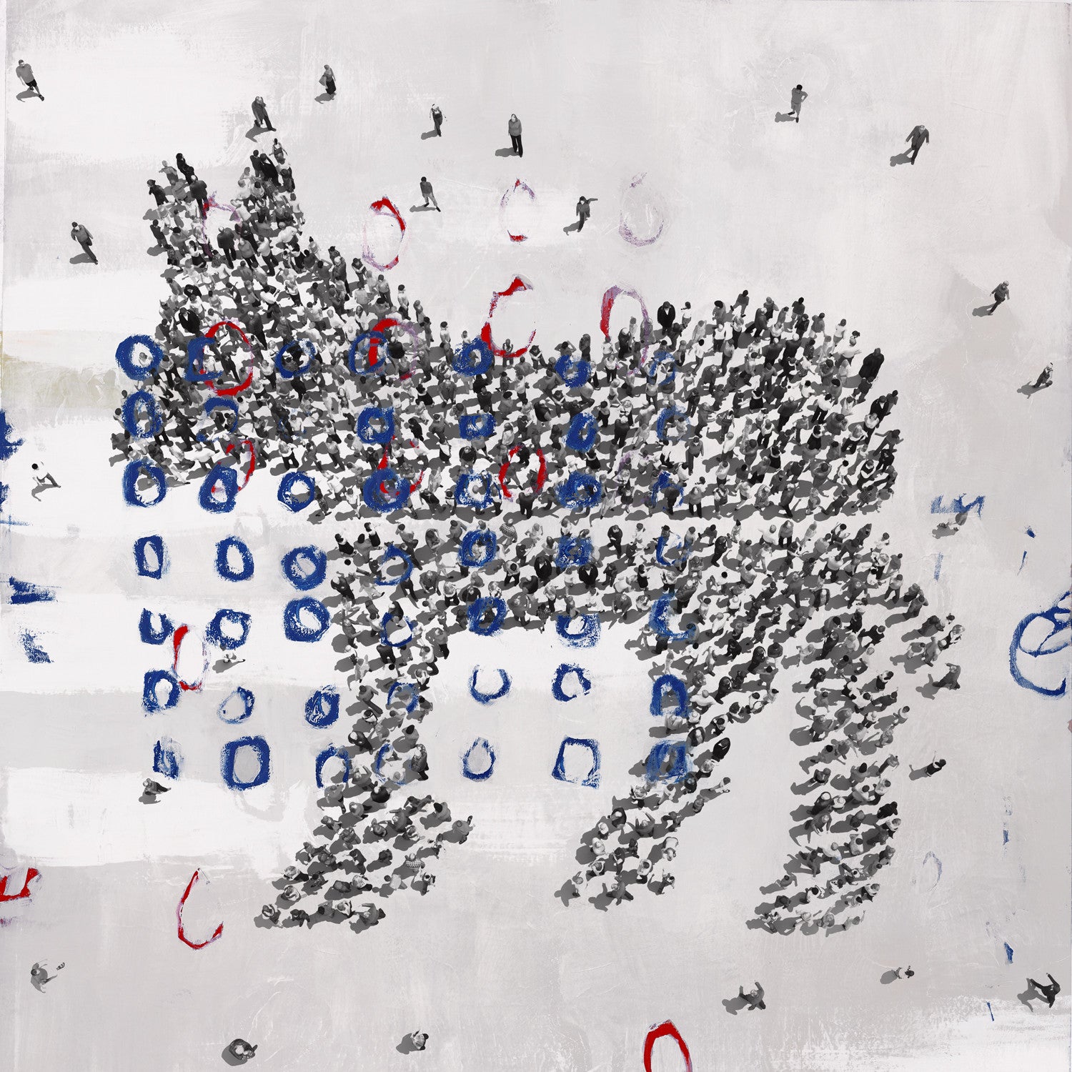 Conceptual figurative art showing small human figures forming a dog silhouette with blue and red marks on a white background.