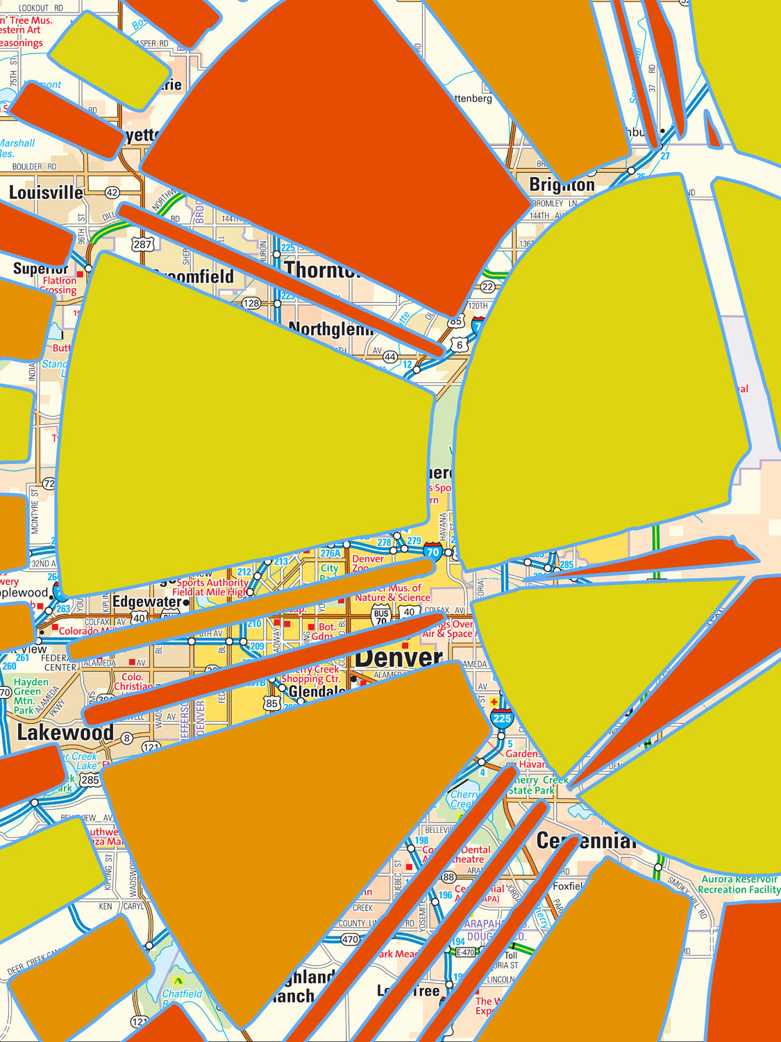 Denver map art featuring bold abstract shapes in yellow, orange, and red, creatively highlighting neighborhoods, roads, and a clock tower pattern.