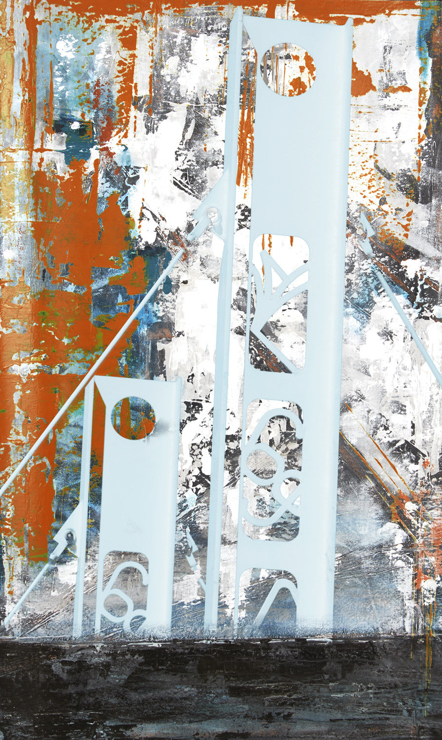 Typographic abstract art in black and white with layered stamped text forming a pixelated, expressive pattern.