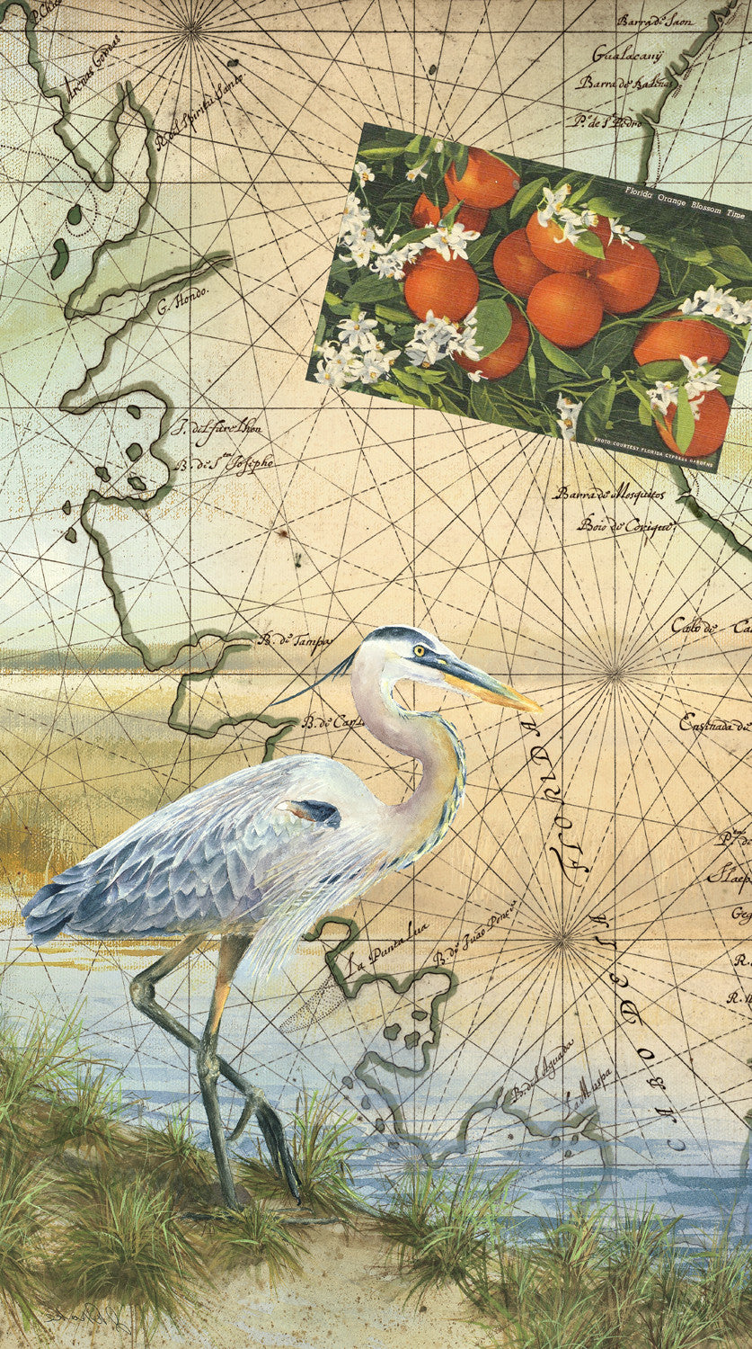 Florida map art featuring a vintage-style heron with pastel coastal tones and vibrant oranges and blossoms.