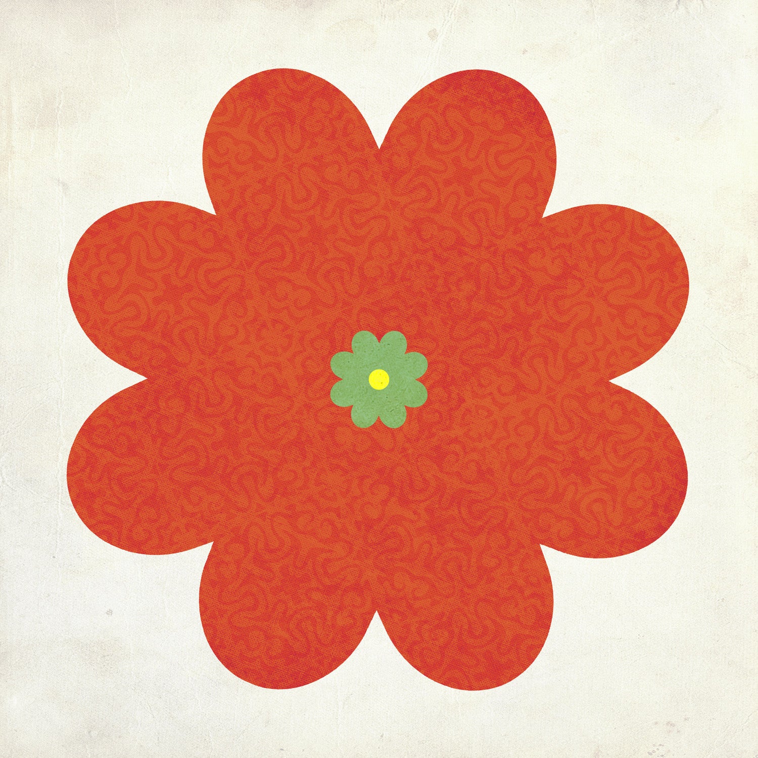 Red floral abstract art with a textured red flower rising against a scraped yellow background and bold crimson circular forms.