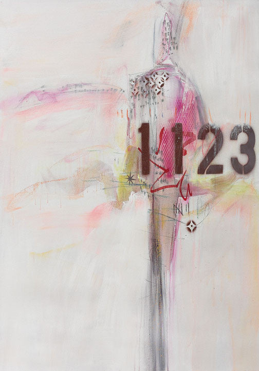 Abstract mixed media art with figure, numbers, pastel smears, and urban textures