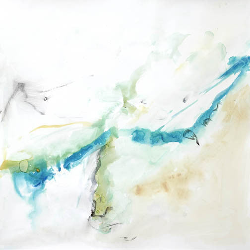Airy abstract painting with soft blues, pale greens, and water-like motion across a light background