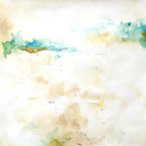 Airy abstract painting with soft blues, pale greens, and water-like motion across a light background