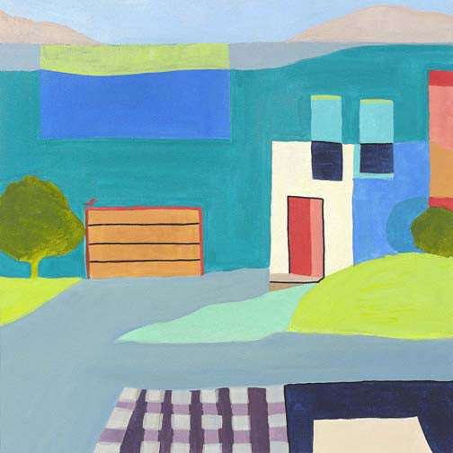 Geometric abstract painting with bold colorful shapes inspired by a suburban scene