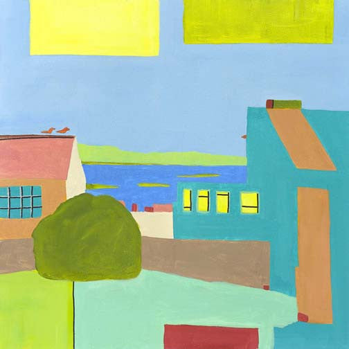 Vibrant abstract coastal painting with teal houses, yellow windows, and birds on rooftops