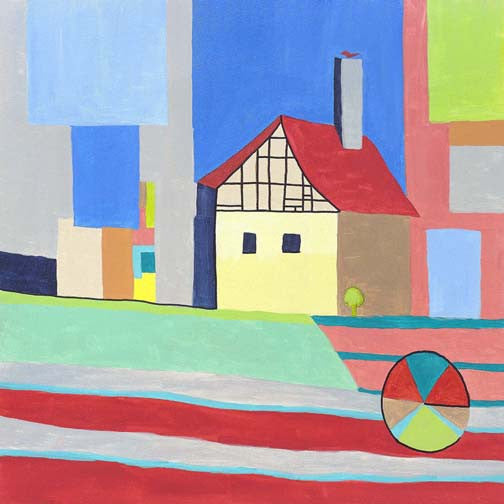 Playful geometric painting with a cottage, bold sky and land shapes, and a rainbow-striped ball