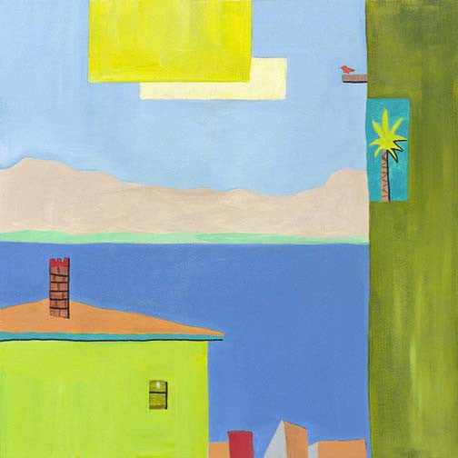 Modern coastal abstract painting with lime rooftops, sapphire sea, and bird by a palm tree