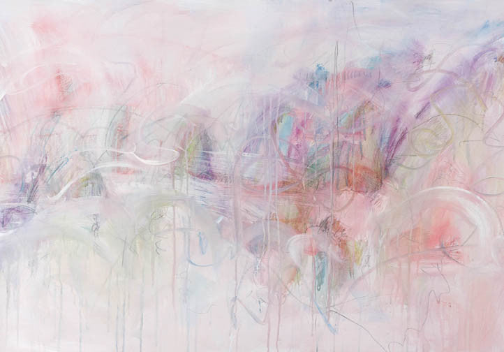 Dreamlike abstract painting in soft pink, lavender, and light-drenched drips, evoking a misty garden atmosphere